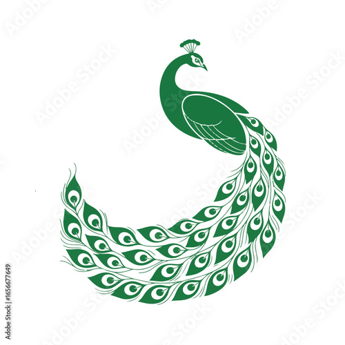 Elegant green peacock with elaborate tail feathers