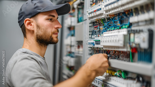 Technicien effectuant des réparations sur un panneau électrique dans une installation industrielle.