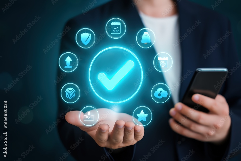 A person's hand displays a glowing, light blue checkmark symbol surrounded by various digital icons, suggesting a concept of successful completion or task fulfillment.