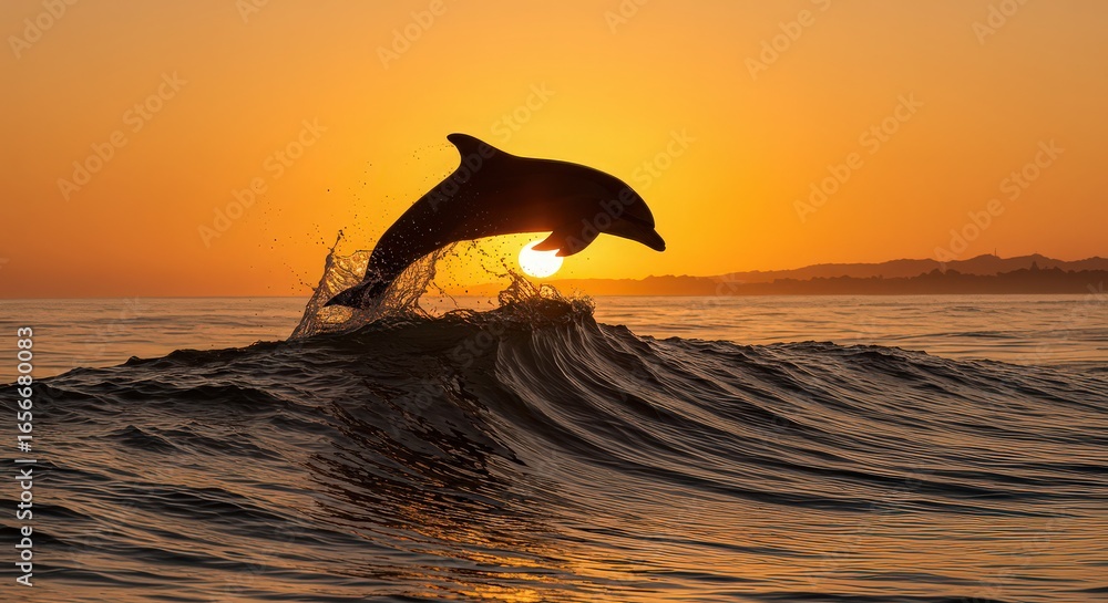 Obraz premium A dolphin leaps from the ocean wave at sunset creating a silhouette against the bright orange sky