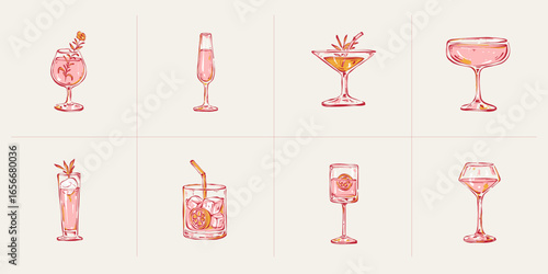 Set of minimalist cocktail illustrations in various glasses with fruits, ice and herbs. Hand-drawn line art, stylish bar design on light background.