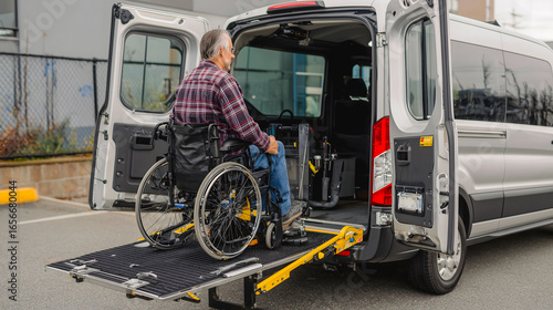 Transport en fauteuil roulant dans un véhicule adapté pour les personnes à mobilité réduite dans un environnement urbain.