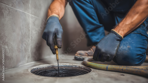 Technicien de plomberie effectuant un diagnostic sur un drain dans une salle de bain.