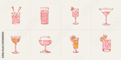 Set of minimalist cocktail illustrations in various glasses with fruits, ice and herbs. Hand-drawn line art, stylish bar design on light background.