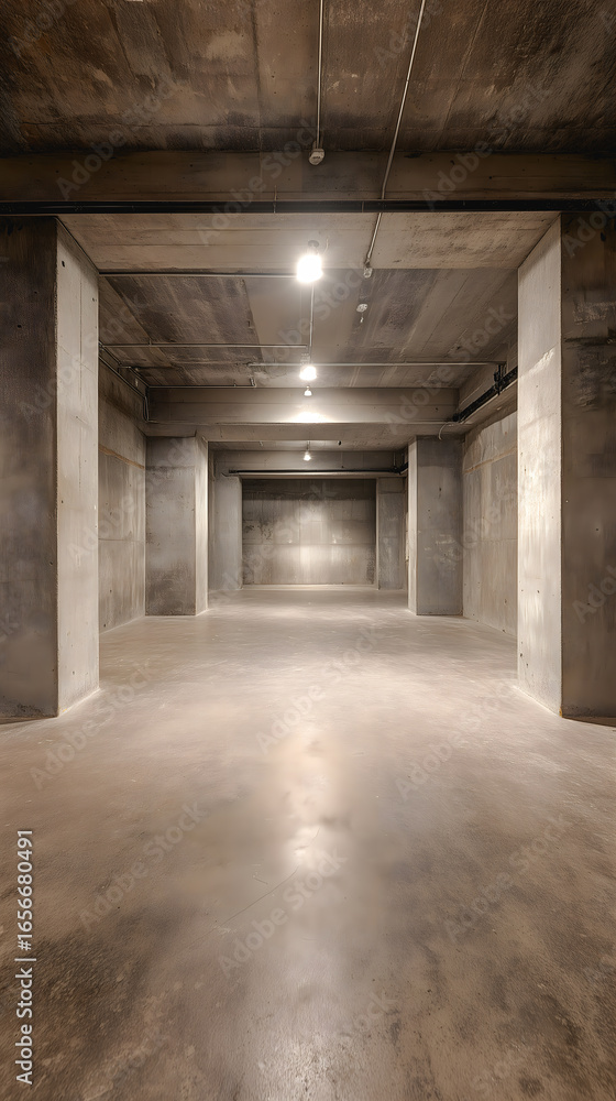 Fototapeta premium Espace intérieur minimaliste avec éclairage moderne dans un grand garage ou entrepôt.