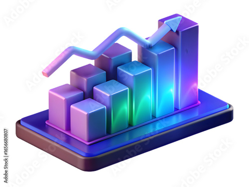 Colorful 3d bar graph with a vibrant upward arrow, representing business growth and financial progress, isolated on transparent background
