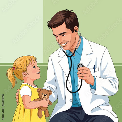 Smiling Male Doctor Listening to a Girl's Heartbeat with a Stethoscope.