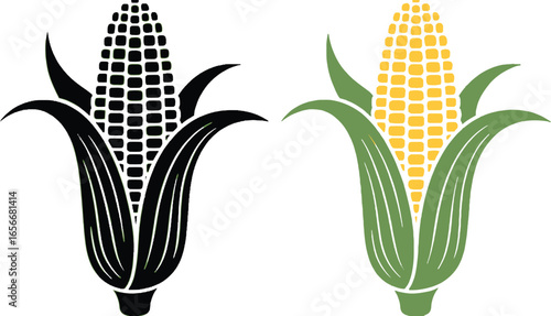 Two Ear Corns Black Silhouette & Green with Yellow Kernels
