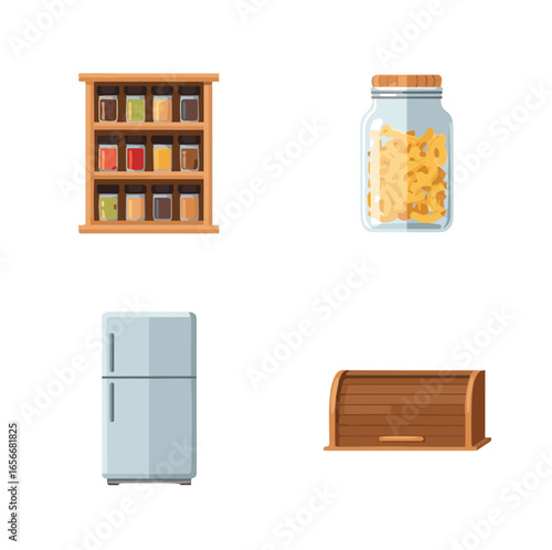 Kitchen Storage Vector Set: Spice Rack, Pasta Jar, Refrigerator, and Bread Box - Organization Graphics for Home Decor and Food Designs