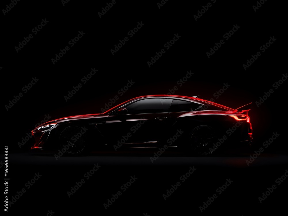 Naklejka premium A realistic side profile silhouette of a low-slung, sporty coupe against a pure black void.