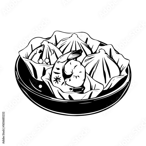 Elegant Appetizing Shrimp Dim Sum In Black Bowl With Flower Pattern Decorative Food Art Illustration