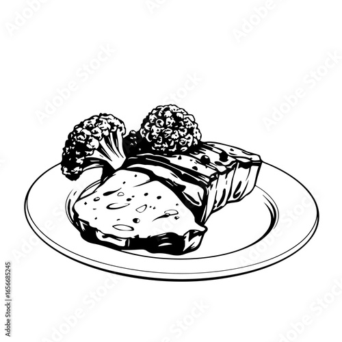 Grilled Main Course Meat With Sauce and Broccoli Florets Illustration on Plate