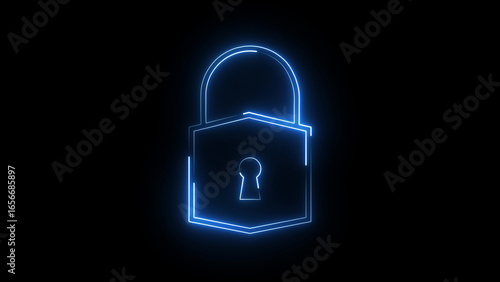 A vibrant neon lock icon glowing in electric blue, symbolizing security and privacy, with a sleek modern design, radiating digital protection in a futuristic style.
