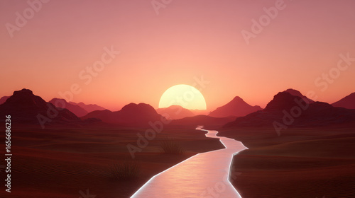 Conceptual desert landscape at sunset, featuring a glowing river-like path cutting through the dunes toward the horizon.
