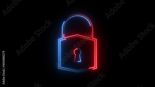 A vibrant neon lock icon glowing in electric blue, symbolizing security and privacy, with a sleek modern design, radiating digital protection in a futuristic style.
