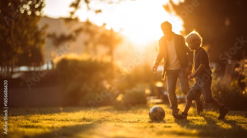 A father and son enjoy a game of soccer in a sun-drenched park, their silhouettes casting long shadows on the grass