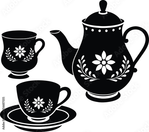 British tea set with floral porcelain cups in classic style Vector illustration