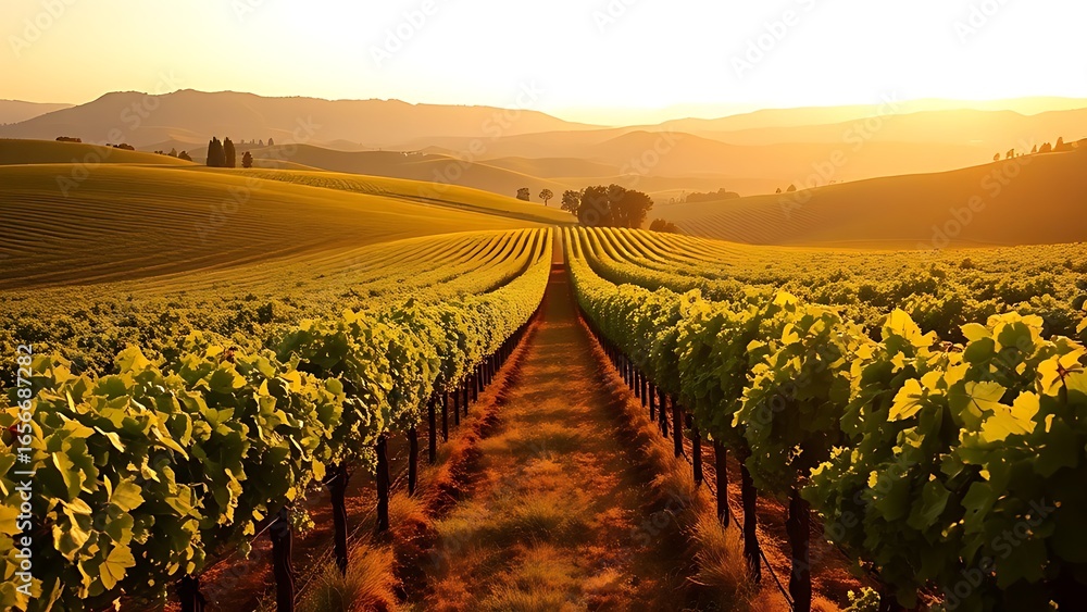 Fototapeta premium Vineyard landscape at sunset with rows of grapevines leading to distant hills under warm golden light.