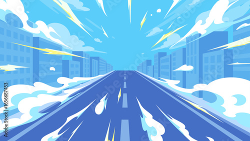 スピード感のあるビル街の中の道路の風景イラスト_青_16:9
