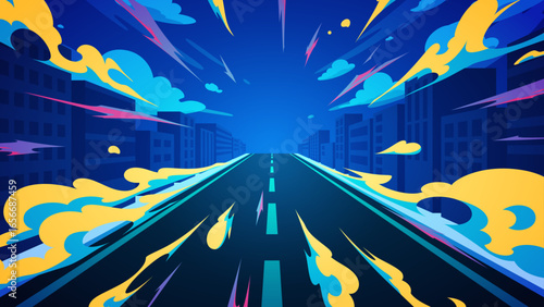 スピード感のあるビル街の中の道路の風景イラスト_暗い_16:9