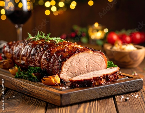 Roasted pork tenderloin on wooden board, festive setting