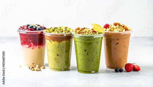 Refreshing Set of cafe cold drinks in transparent to go cups, isolated on white, showcasing vibrant flavors and healthy ingredients.
