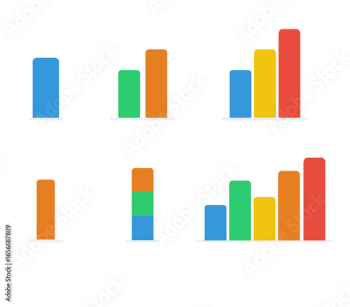 Vector set bar charts in colorful design, representing finance, business growth, analytics, and statistics.
