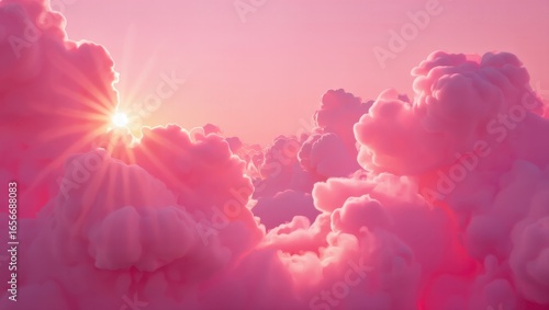 Dreamy pink clouds at sunrise with golden sunlight breaking through softly