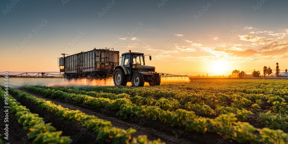Fototapeta premium Tractor spraying crops at sunset