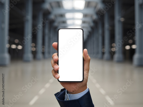 Businessman Hand Holding Smartphone with Blank White Screen in Industrial Hall, Mobile Phone Mockup for App and Design Presentation.