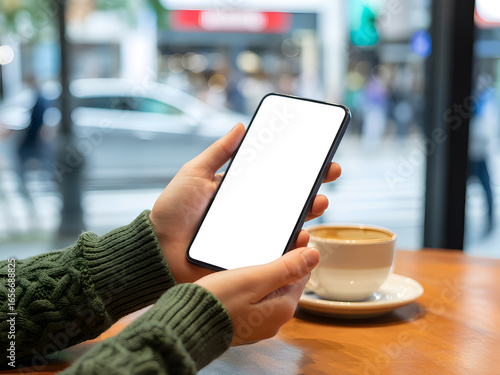 Hands Holding Smartphone with Blank White Screen in Cafe, Green Sweater, Coffee Cup and Wooden Table Mockup.