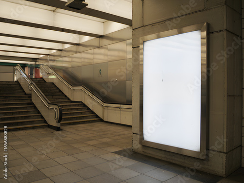 Blank Illuminated Vertical Billboard Mockup in Subway Station with Stairs, Metal Walls and City Transport Signage.