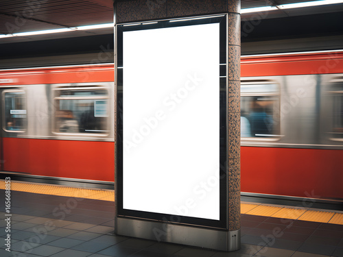 Blank Vertical Advertising Billboard Mockup in Subway Station with Red Train in Motion, Urban Underground Marketing Display.