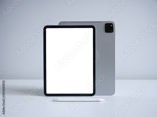 Digital Tablet with Stylus and Blank Screen Showing Digital Innovation Text, Modern Minimal Technology Mockup on White Background.