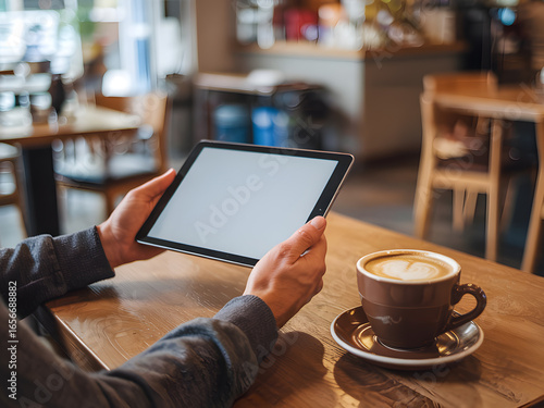Man Holding Tablet with Blank Screen at Wooden Cafe Table, Hot Coffee Cup and Cozy Coffee Shop Interior Mockup.