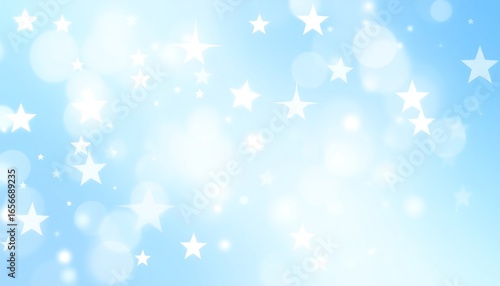 Festive winter background with glowing stars and soft bokeh effect on a light blue gradient. Magical holiday celebration or fantasy concept.