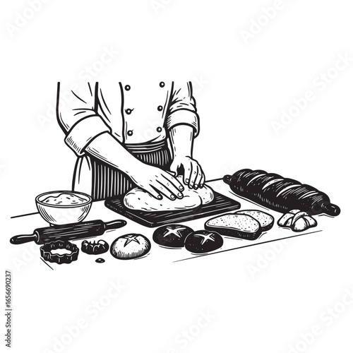 Baker preparing bread dough with baked goods on a wooden cutting board in a kitchen