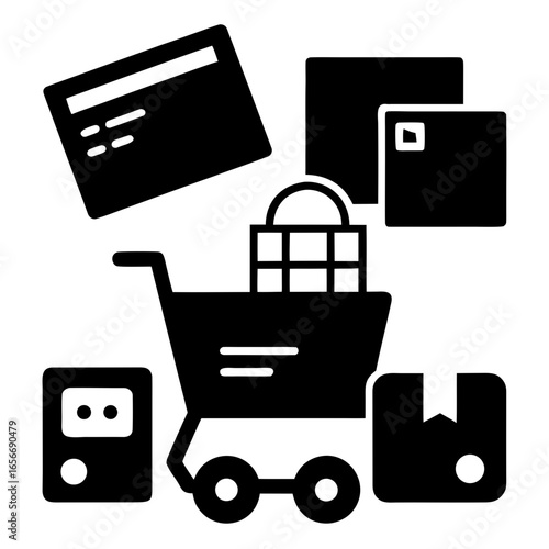Shopping Basket and Market Icons Black Silhouette Collection