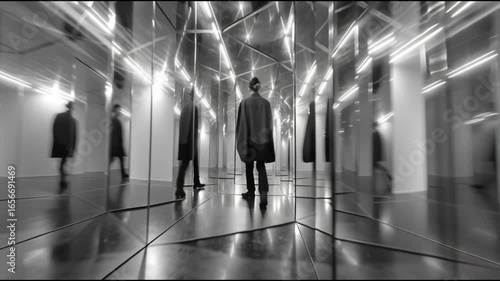 Gaslight manipulation toxic narcissism. A monochrome scene of figures walking through a mirrored space.