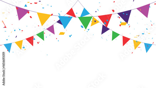 Colorful festive triangular bunting flags creating an arch with falling confetti against a clean white background
