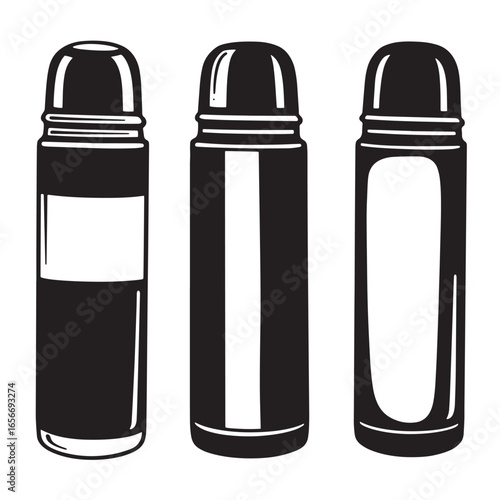 Black and white illustrations of three vintage thermos flasks in varying styles and designs