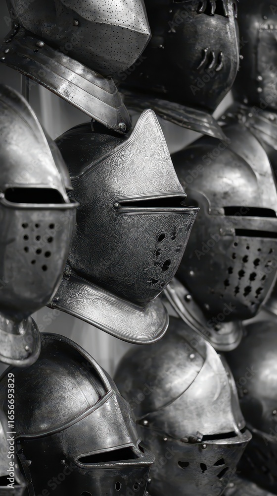 Naklejka premium Metallic helmets displayed in a historic exhibit