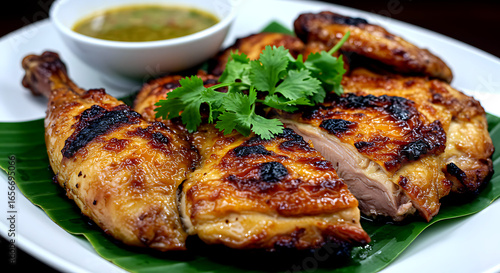 Thailand – Gai Yang (Grilled Marinated Chicken). chicken butterfly-spatched, marinated in lemongrass, fish sauce and cilantro, charred and crispy skin from coconut charcoal grilled 