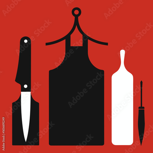 Black apron knife bottle and broom silhouettes red background