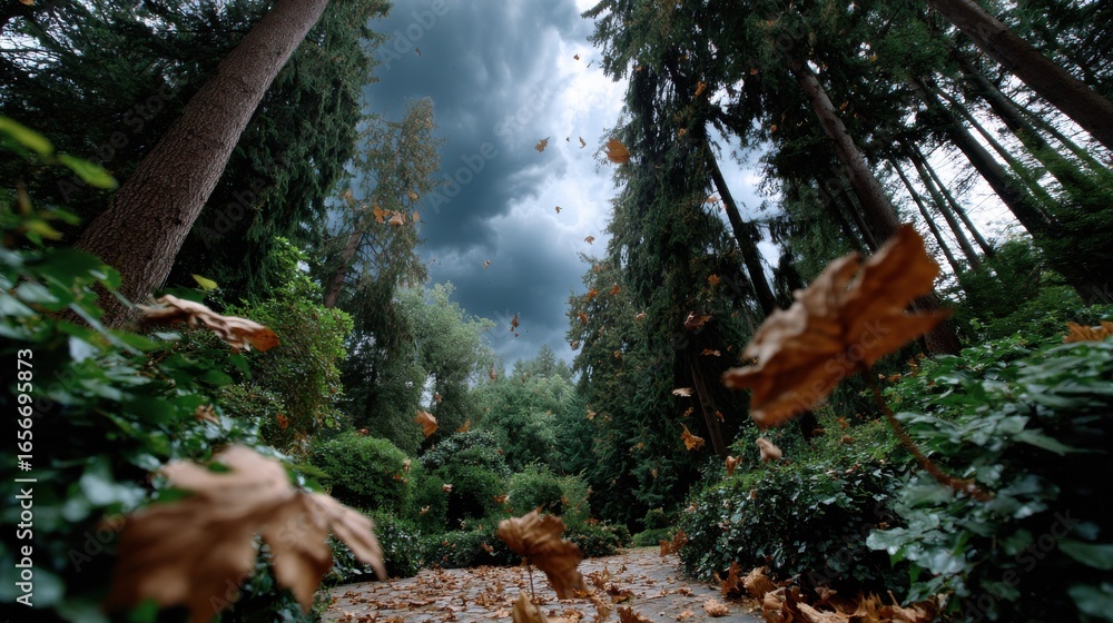 Obraz premium Leaves flying in stormy wind