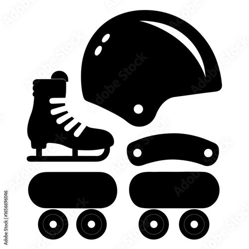 Black roller skate helmet and wheels silhouette