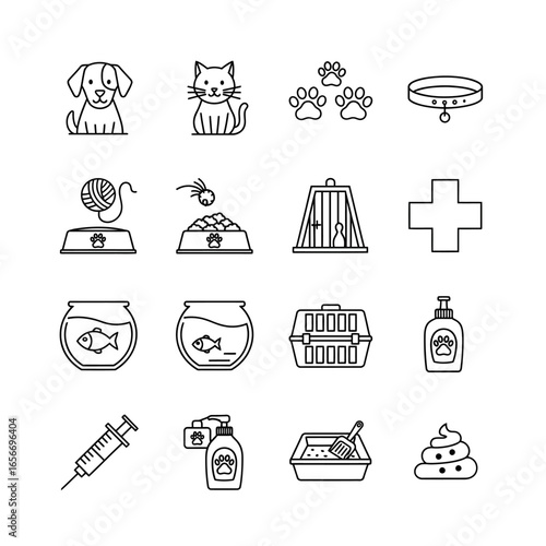 Collection of pet care symbols arranged neatly on white representing veterinary services and animal welfare in a simple, clean style.