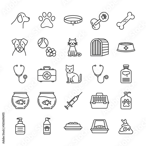 Collection of pet care items displayed as line art symbols representing veterinary services and animal welfare in a simple, modern style.