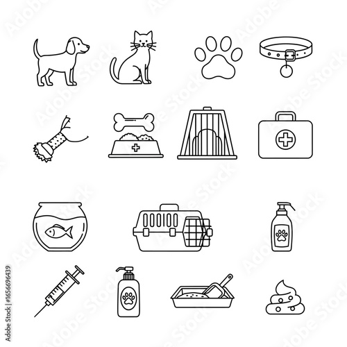 Collection of pet care items depicted as simple line art, showcasing essential supplies for animal wellbeing on a clean white canvas, conveying simplicity and utility.