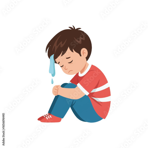 Sad child sitting alone on the floor, feeling upset with a tear rolling down his face